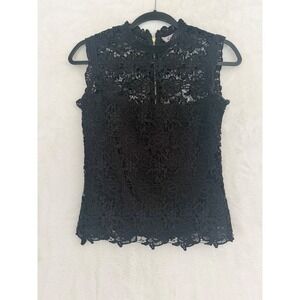 Nanette Lepore Black Floral Lace Sleeveless High Neck Zip Back Top XS